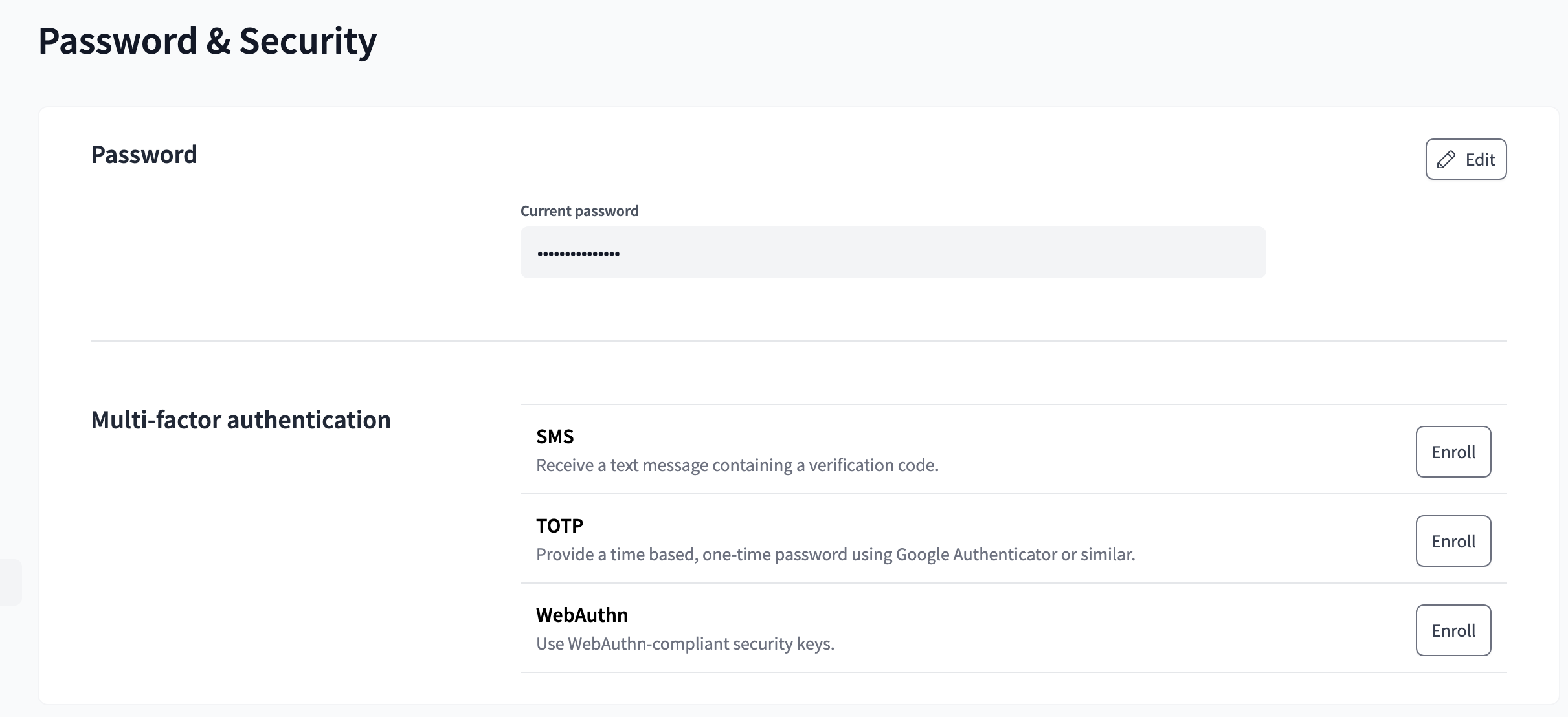 List of available MFA enrollment methods in dbt Cloud.